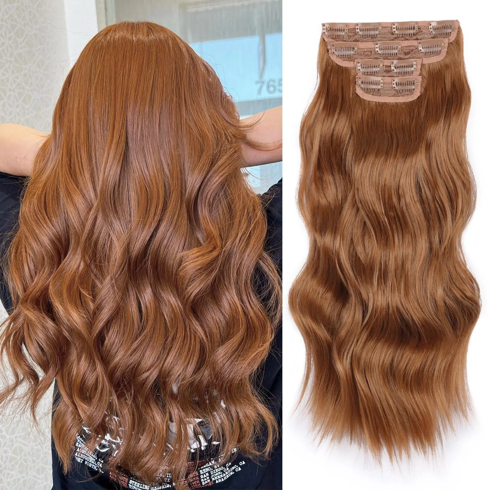 [Vigorous]  Orange Auburn Clip in Hair Extensions Long Wavy Synthetic Hairpieces,Natural & Soft Hair & Blends Well Hair Extensions,Easy to Wear for Women Girls Daily Use