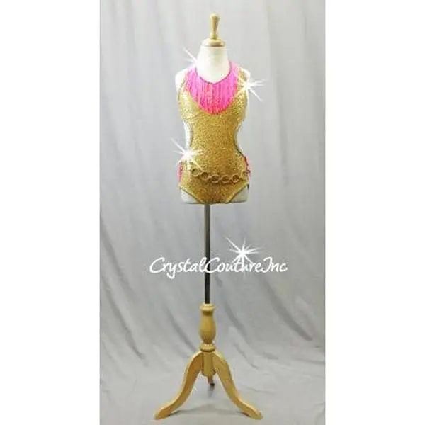 Gold Zsa Zsa sequin Leotard with Hot Pink Fringe - Swarovski Rhinestones