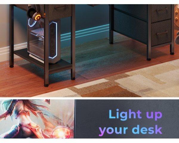 Reversible Computer Desk with Charging Station, Office Desk with Drawers and Shelves, Bureau de Travail, Home Office Desks, Study Table with Monitor Stand