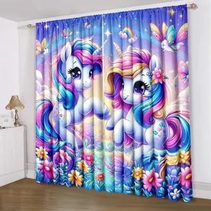 Unicorn Pattern Curtain, 2 Counts/set Colorful Light Filtering Curtain, Window Decoration for Living Room Bedroom Office Home Decor