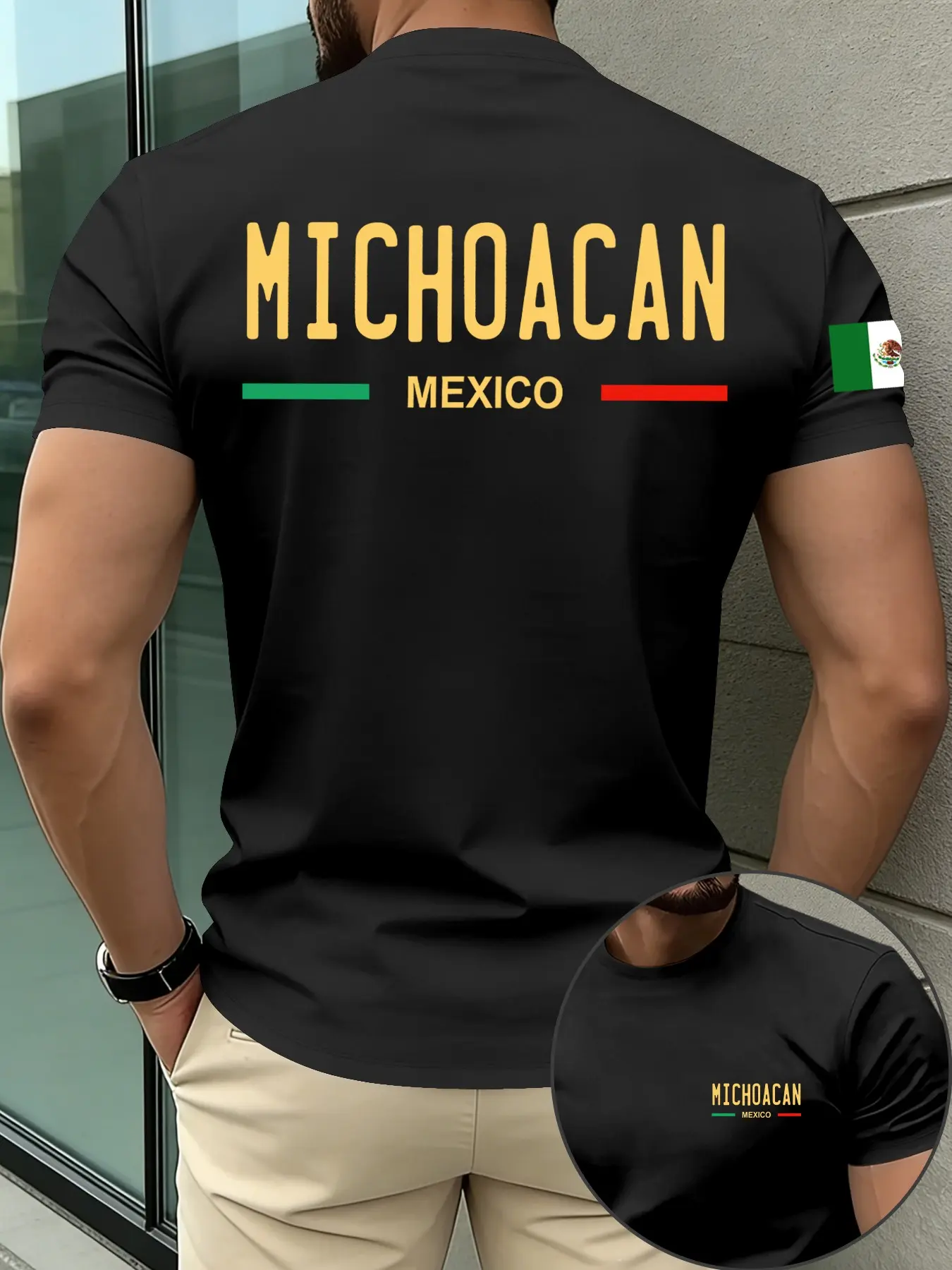 Michoacan Mexico Flag Print Summer Round Neck Top, Men's American Casual Short Sleeve T-Shirt, Comfortable and Stylish for Daily Wear