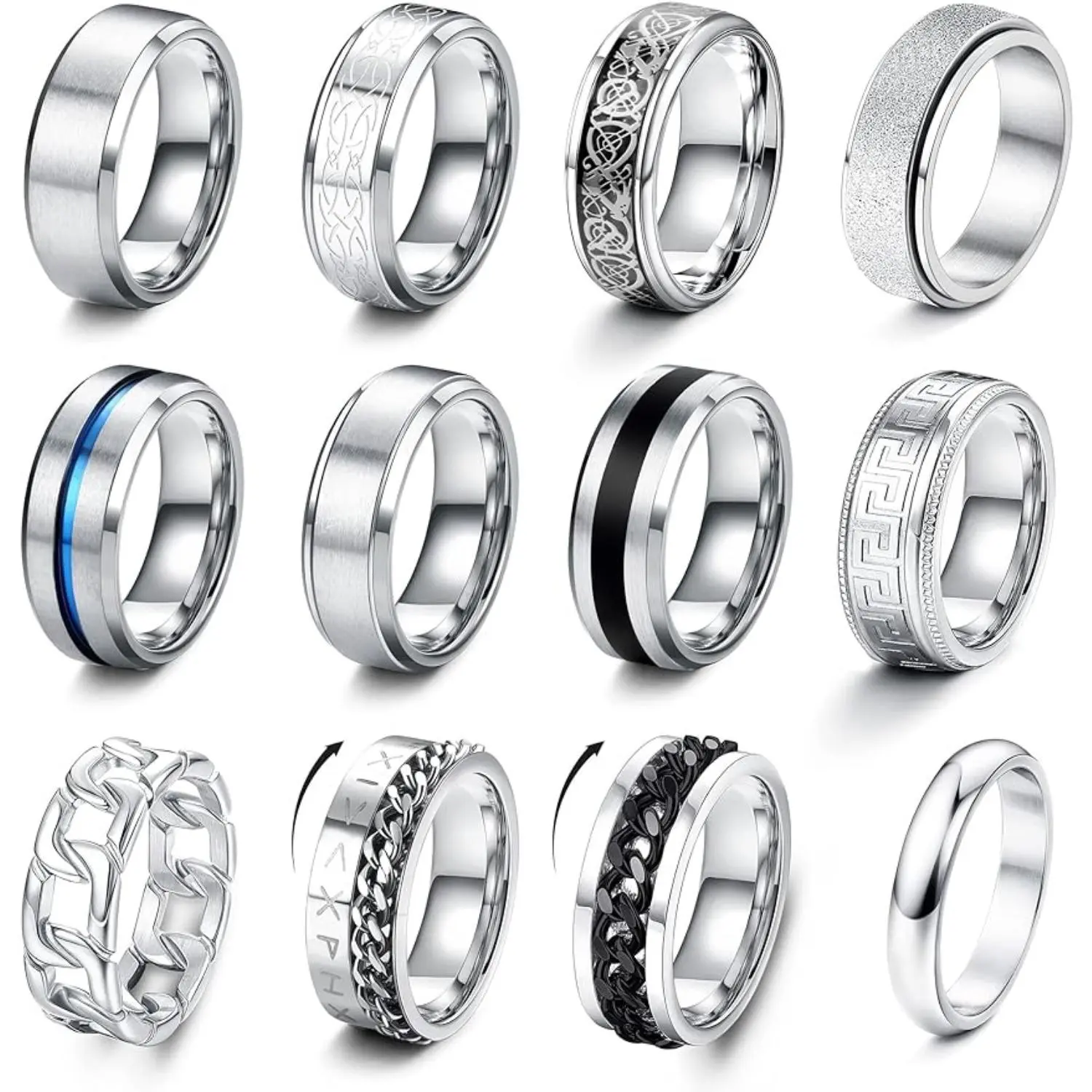 Florideco 12 PCS Unisex Stainless Steel Spinner Fidget Rings Set - Artificial Gemstone Jewelry, Men's Accessories, Anxiety Relief Calming Spin, Sizes 7-13, Various Styles for Daily Wear,summerwins