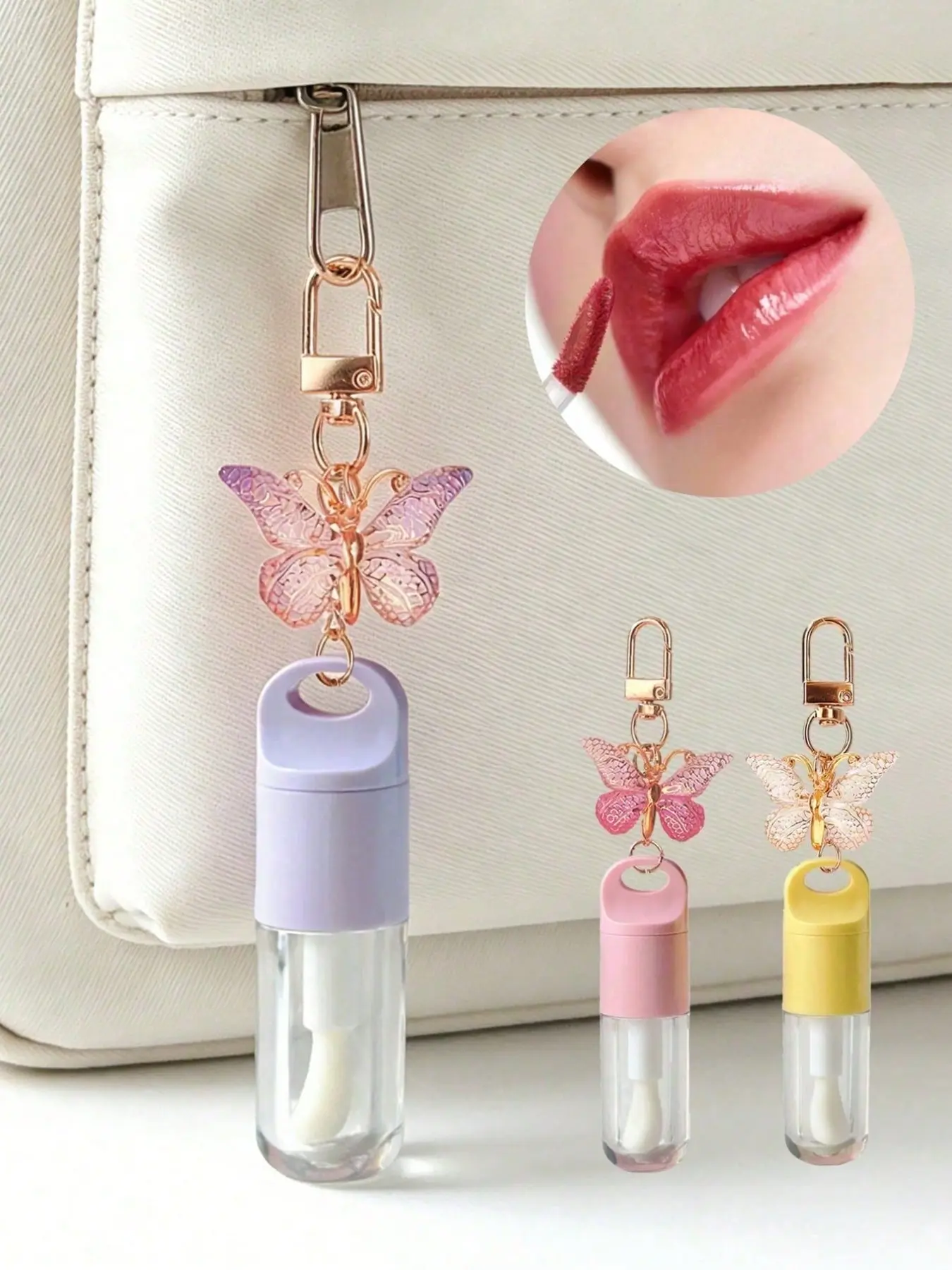 1 5ml clear lip gloss tube with butterfly keychain pendant, butterfly keychain lip gloss refill bottle, clear lip gloss tube with brush, lip oil dispensing tube, portable lip gloss refill bottle keychain/bag charm