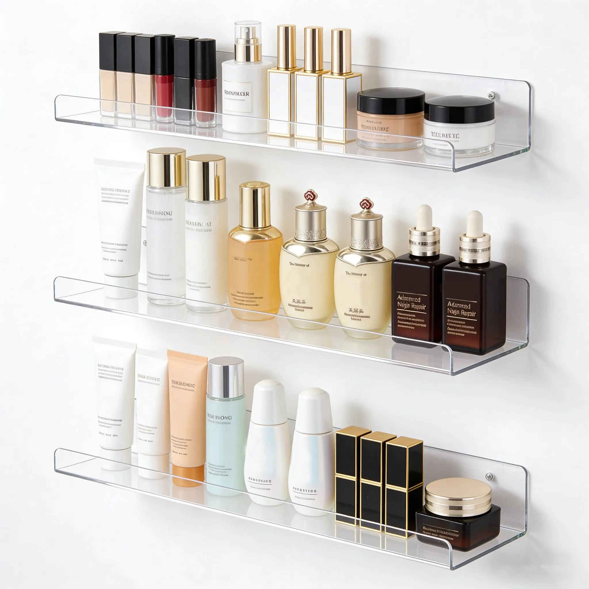Clear Acrylic Shelves for Bathroom, 15'' Floating Shelves Wall Organizer for Perfume, Skincare, Bookshelf Organizer for Bedroom, Kids Room, Living Room, Room Decor