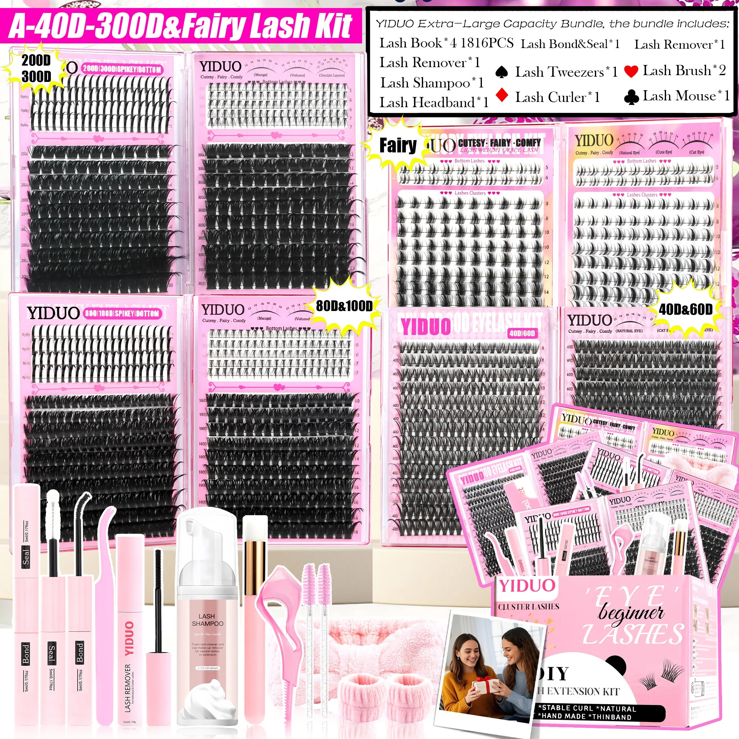 YIDUO Eyelash Cluster Gift Kit(1816/1820 Pcs) 40D-300D & Fairy & Volume & Bunny D-Curvature Cluster Eyelash Extension Kit with Adhesive, Eyelash Extension Glue and Eye Makeup Tools, 2 Mixed-Style False Eyelash Kit Eyelashes Makeup Set for Easy DIY at Home