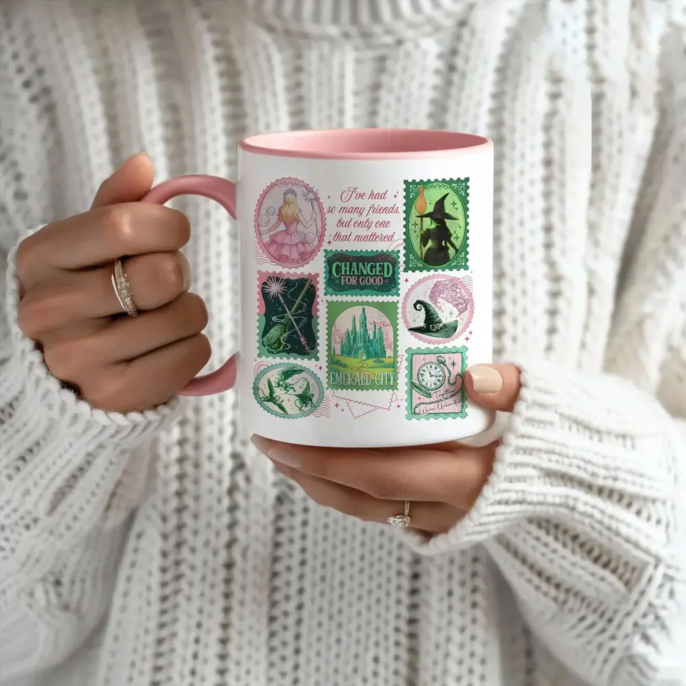 Wicked Changed For Good Mug Wizard Defying Gravity Retro Pink Green Musical Broomstick Magic Wand Gift Ceramic Mug 11oz/15oz Washable Reusable Microwave Dishwasher Safe