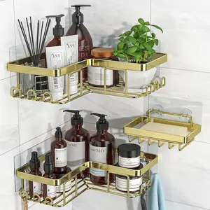 Corner shower rack, 3-piece adhesive bathroom washbasin rack with soap dish and 12 hooks, rust-resistant stainless steel shower organizer, no-drill wall-mounted shower rack for bathroom, gold