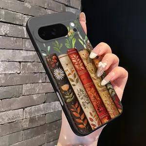 Rounded Edge Phone Case for Google Pixel 10 9 XL 8 7 Pro A  Botanical Book Spines Pattern Shockproof Liquid Silicone TPU Bumper Drop Protection Cover Smartphone Casing
