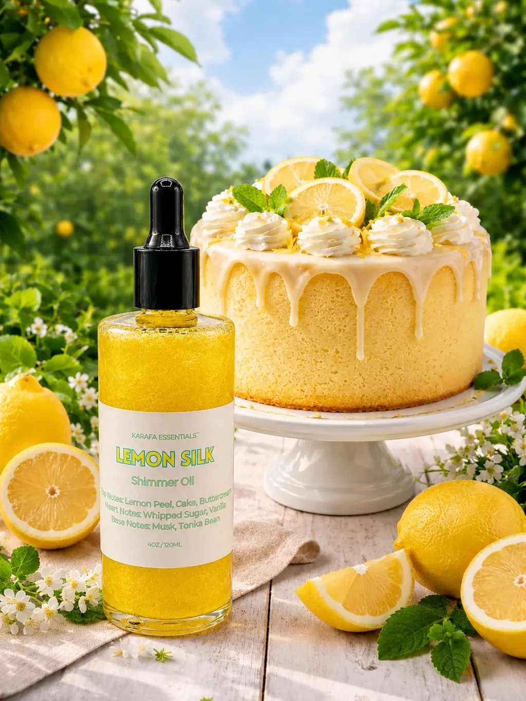 Lemon Silk Moisturizing Body Oil Lemon Peel, Cake, Buttercream, Whipped Sugar, Vanilla, Musk & Tonka Bean for Radiant Skin by Karafa Essentials