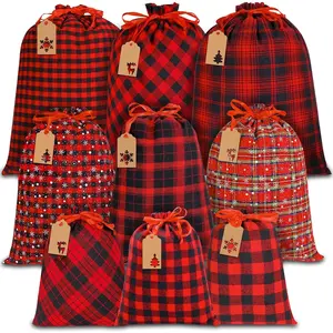 9 count Christmas Drawstring Bags  Buffalo Plaid Bags Sacks Xmas Red Black Wrapping Storage Bags with  Tags for Christmas Candy Goodie Holiday party Favors(3 Sizes)