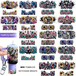 16 Piece Ladies MINI UV DTF Decorative Paper Key Chain Packaging, Sticker Packs, Waterproof Durable DIY MINI Cup Transfer Paper, Suitable For Hand-Made Ice Cup Waterproof Packaging, DIY Gift