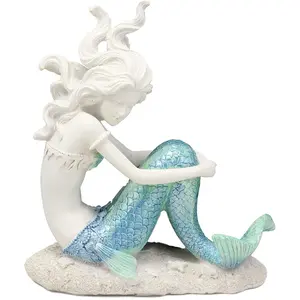 Ebros Gift Nautical Capiz Blue Tailed Siren Mermaid with Seashell and Starfish Statue Ocean Aquamarine Princess Coastal Beach Under The Sea Decorative Accent (Sitting On Seabed)