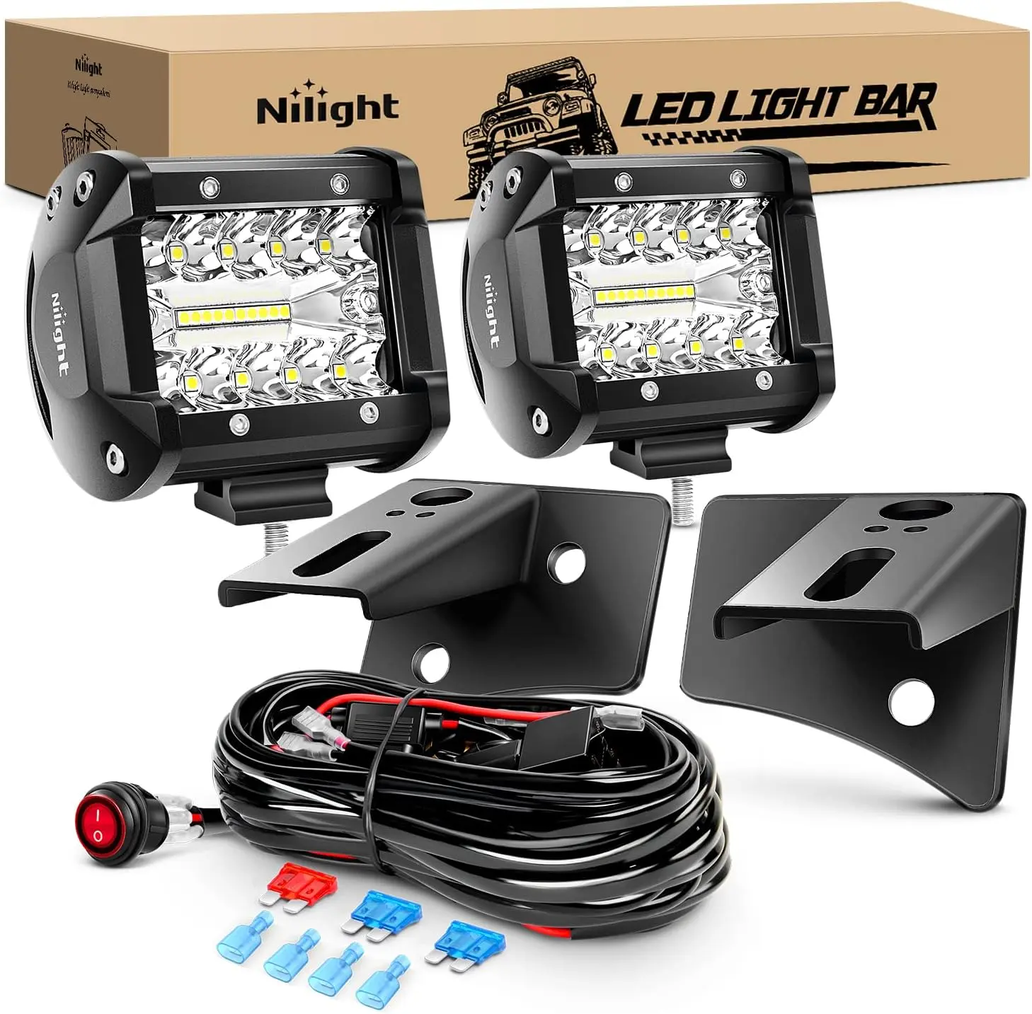Nilight 2PC 4Inch 60W Triple Row Lightbar, 6000LM Flood-Spot Combo LED Driving Light, Waterproof Off-Road Truck Boat Light with JK A-Pillar Windshield Hinge Mounting Brackets & Wiring Harness, Light Bulbs