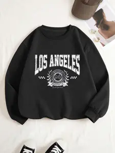 Women's Casual Loose-Fit Pullover Sweatshirt, Round Neck Design, Los Angeles & Icon Print, Fashionable Comfortable Top for Daily Wear