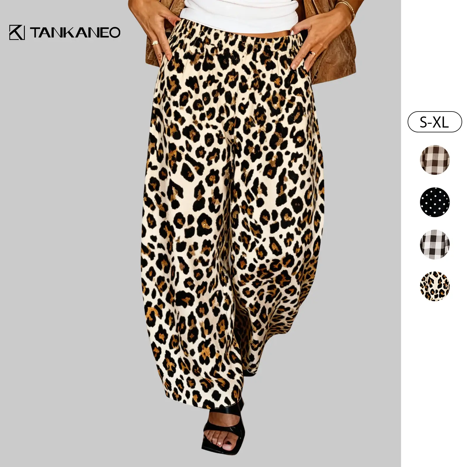 Tankaneo Womens Wide Leg Palazzo Pants Casual Barrel Baggy Pants Elastic High Waist Comfy Trousers with Pockets
