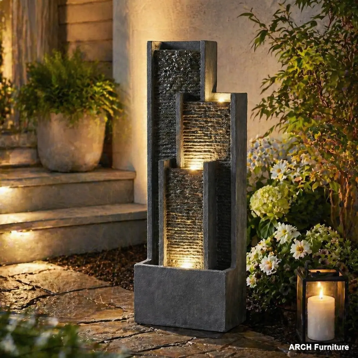 40-In Modern Outdoor Floor-Standing Cascading Waterfall Fountain - Contemporary Curves, LED Lighting, 7W Power, Durable Weather-Tolerant, Low-Maintenance for Home Garden, Patio Decor | Outdoor Water Fountains, Waterfalls