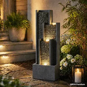 40-Inch Modern Outdoor Floor-Standing Cascading Waterfall Fountain - Contemporary Curves, LED Lights, for Home Garden, Patio Decor, Outdoor Water Fountains