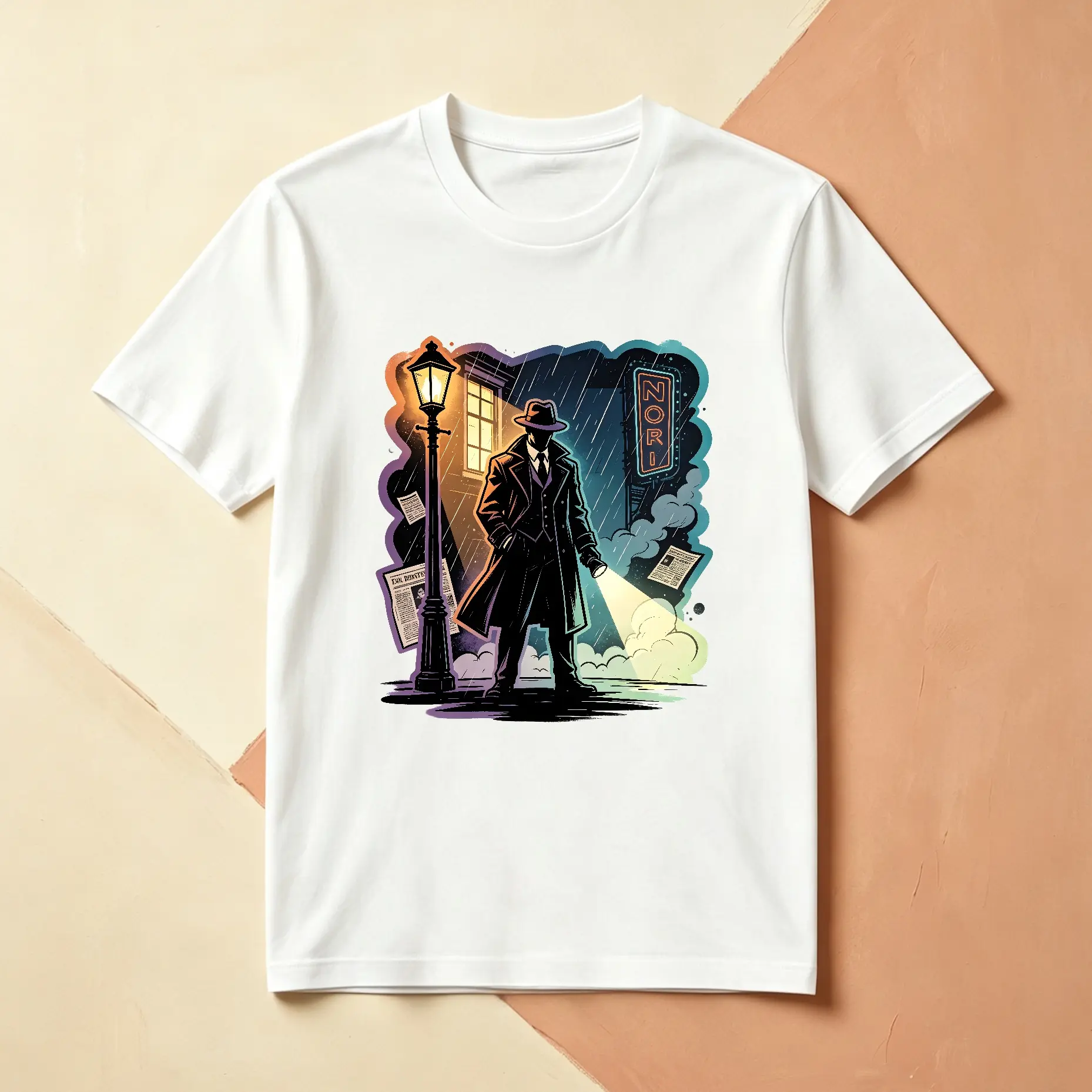 Vintage Noir Private Investigator Graphic T-Shirt for Men Retro Rainy City Street Lamp Detective Art Tee Classic Soft Cotton Short Sleeve Casual Streetwear Gift For Crime Movie Fans