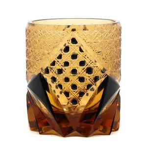 Edo Kiriko Hand-Carved Gold Accent Sake Glass Cup - Japanese Traditional Artisan Crafted Crystal Whisky Glass Luxury Amber Crystal Design Barware Unique Gift for Collectors & Sake Enthusiasts Drinkware