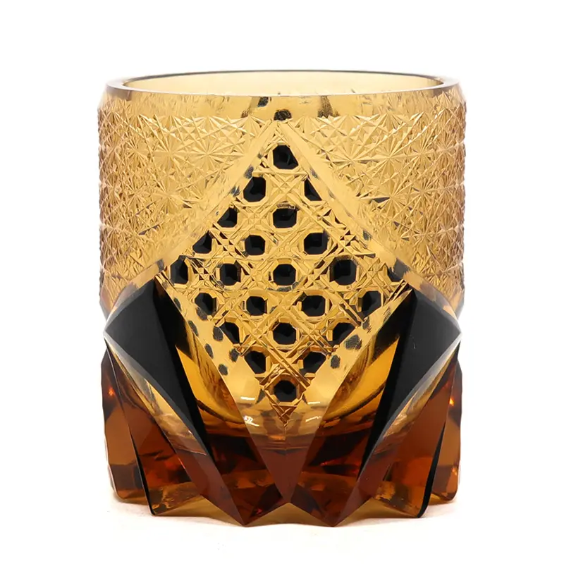 JINGZHI Hand-Blown Edo Kiriko Hand-Carved Gold Accent 7oz Oval Amber Crystal Sake Cup - Japanese Traditional Artisan Kitchen Drinkware, Collectible Drinking Gift for Enthusiasts, Classic, Crystal Glass