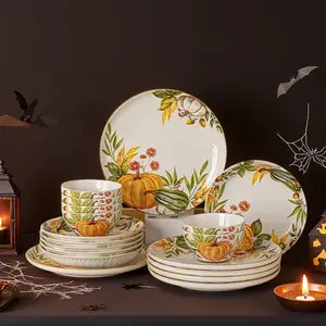 12/18 piece set of Halloween ceramic tableware, Nordic style, Halloween pumpkin pattern, can hold delicious dishes such as vegetables, fruits, salads, pasta, steak, etc. It is a must-have tableware for festivals. Cutlery Aesthetic Bowls