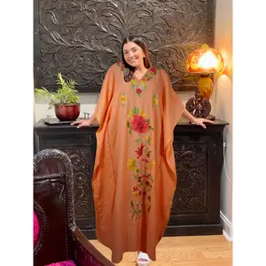 Women Kimono Kaftan Embroidered Peach Kaftan Maxi Dress L-2XL