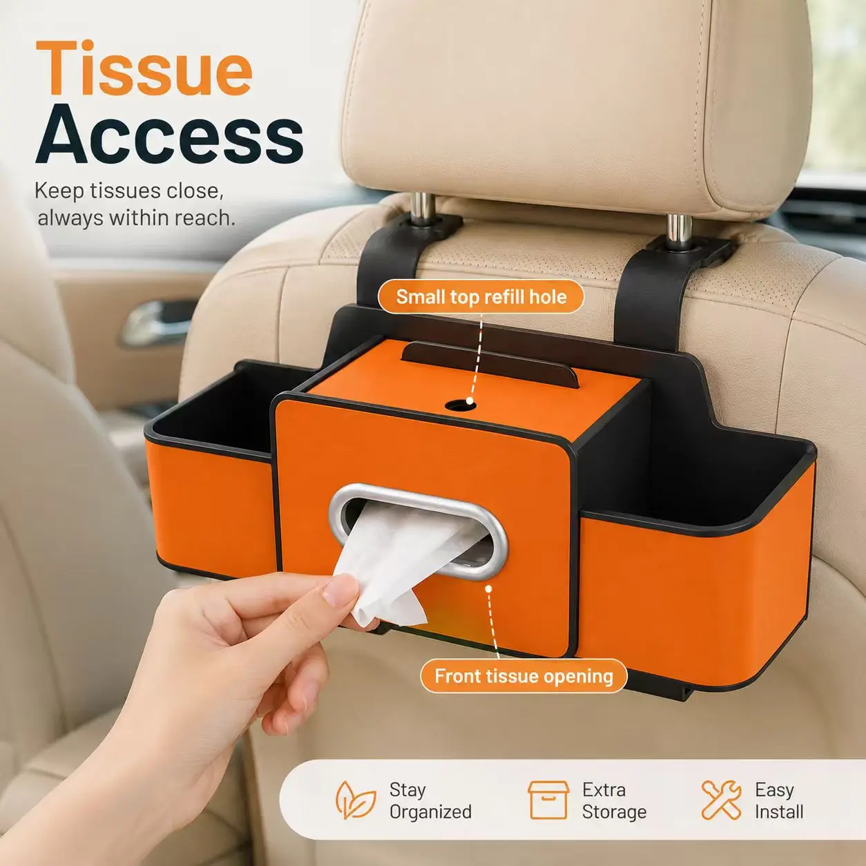 car headrest organizer, car seat back storage bag, car hanging tissue holder, auto interior storage box, car backseat tidy bag, vehicle headrest mounted storage, car tissue box with cup holder, automotive interior accessories