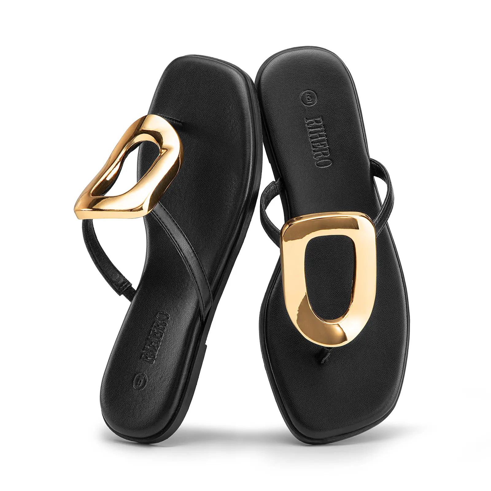 Rihero Women's Elegant Square Toe Flip Flops for Women - Comfy Flat Mesh Sandals with Metal Decoration, Casual Beach Sandals for Casual Beach & Daily Wear, Sandals Women