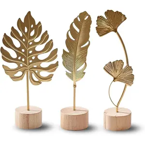 Gold Leaf Home Decor Set - Metal Leaf Sculptures, Modern Art Decorations, Suitable for Living Room, Office, Bookshelf and Home Decor, Handmade 3D Plant Decorations (Monstera, Feather, Ginkgo, 3-piece set)