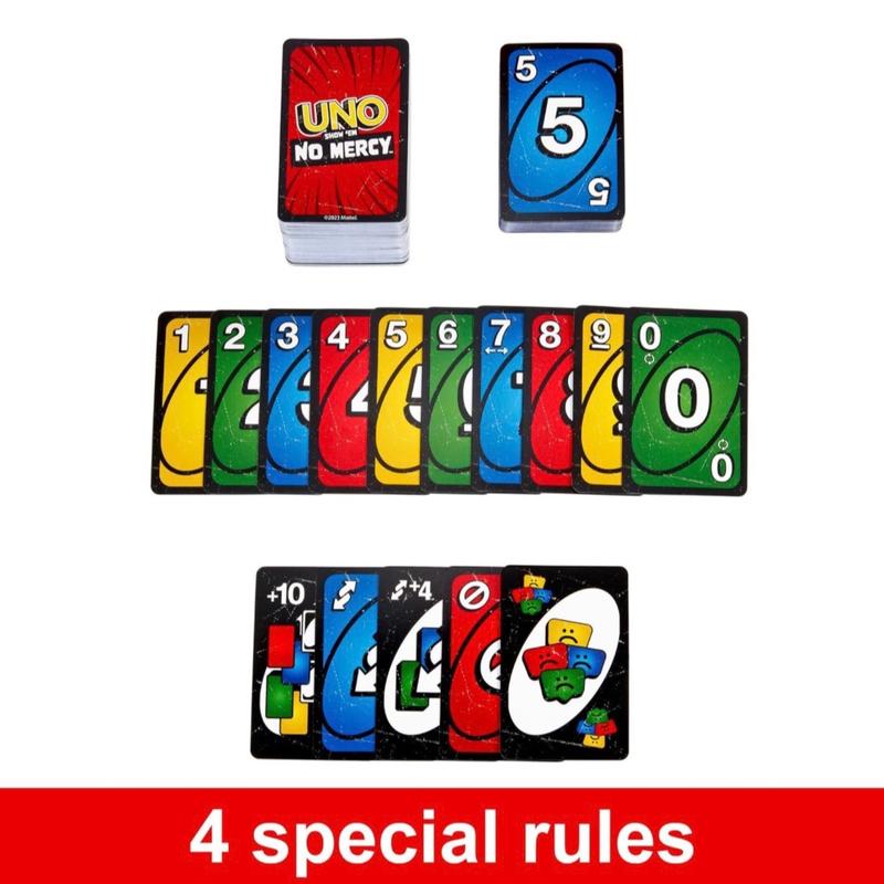 Mattel Games UNO Show ‘em No Mercy Card Game in Storage & Travel Tin for Kids, Adults & Family Night with Extra Cards, Special Rules & Tougher Penalties uno show card games card game