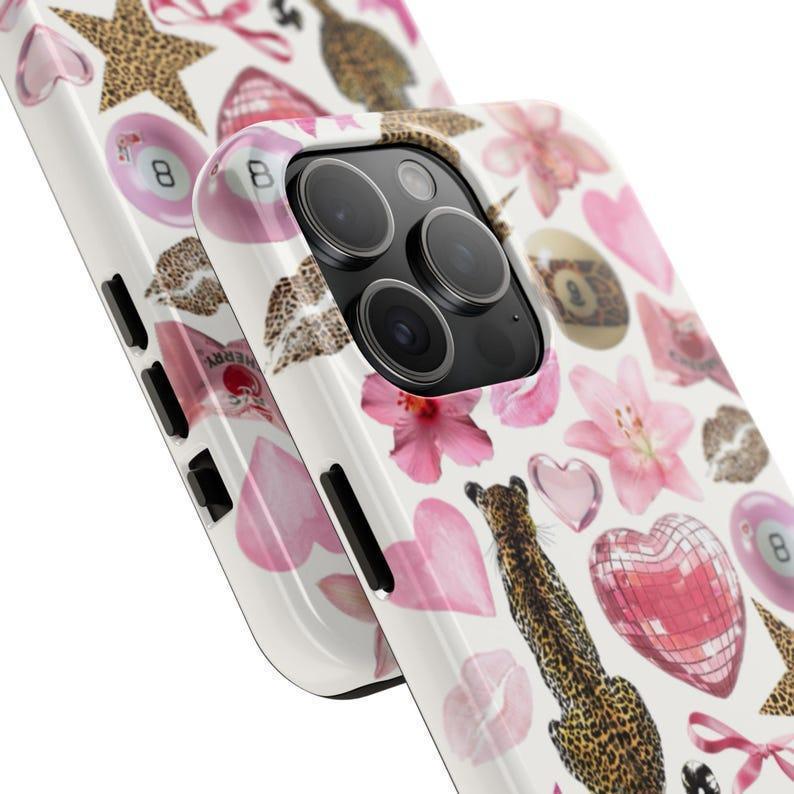 Pink Collage Cheetah Print Tiger Lily Coquette 8 Ball Tough Phone Case Impact Resistant Protective Cover Suitable for iPhone 17-11 Pro Max/Plus and  Samsung Galaxy S23-25