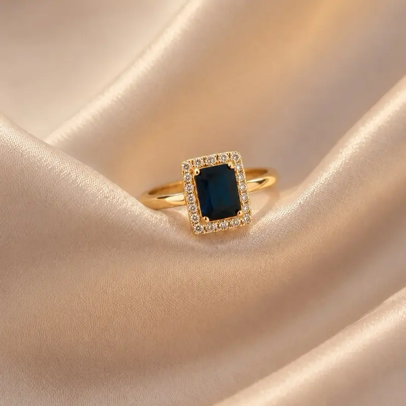 Anillo # 923  Azul Oscuro Gold Plated - Square Design with Central Blue Stone and Diamond Accents