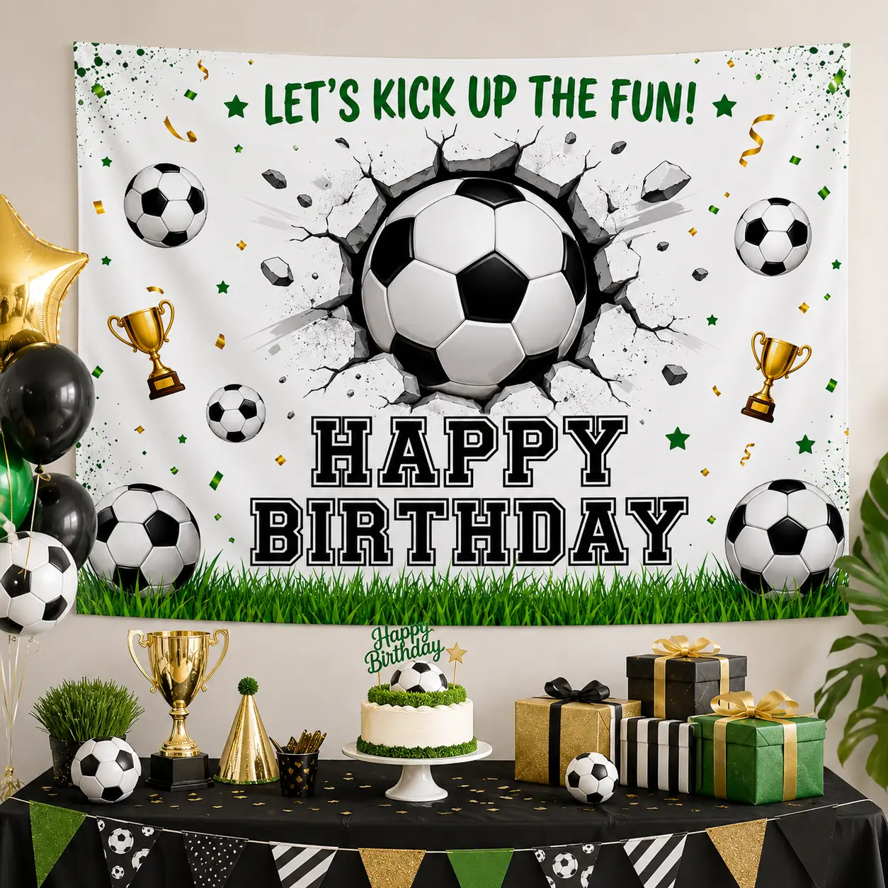 Soccer Birthday Backdrop Banner, Green Field Football Theme Happy Birthday Party Decorations, Soccer Ball Trophy Photo Booth Wall Tapestry