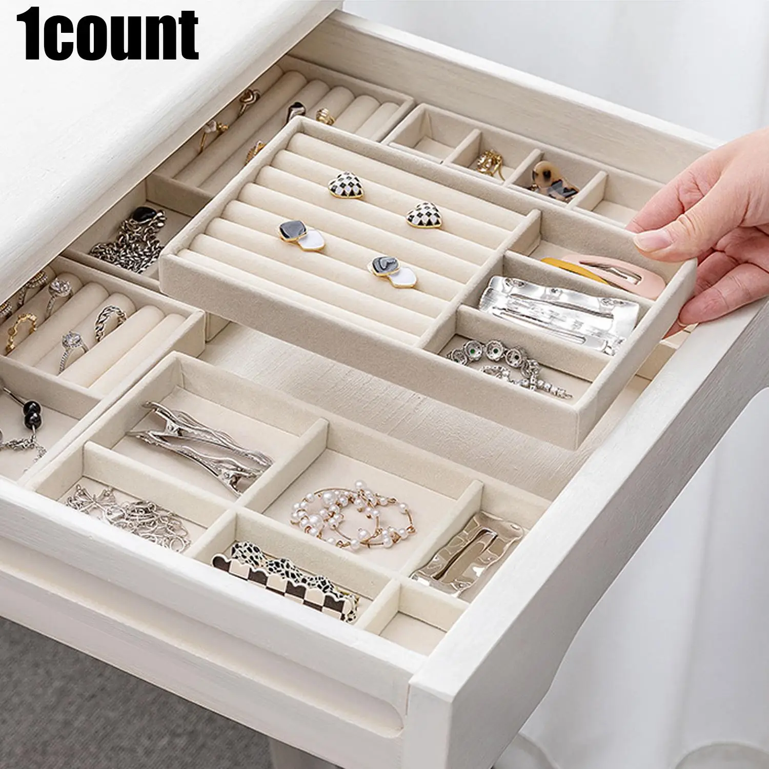 Jewelry Storage Tray, Multi-compartment Jewelry Organizer, Flock Fabric Drawer Jewelry Sorting Tray, Jewelry Organizer for Earrings Necklaces Rings