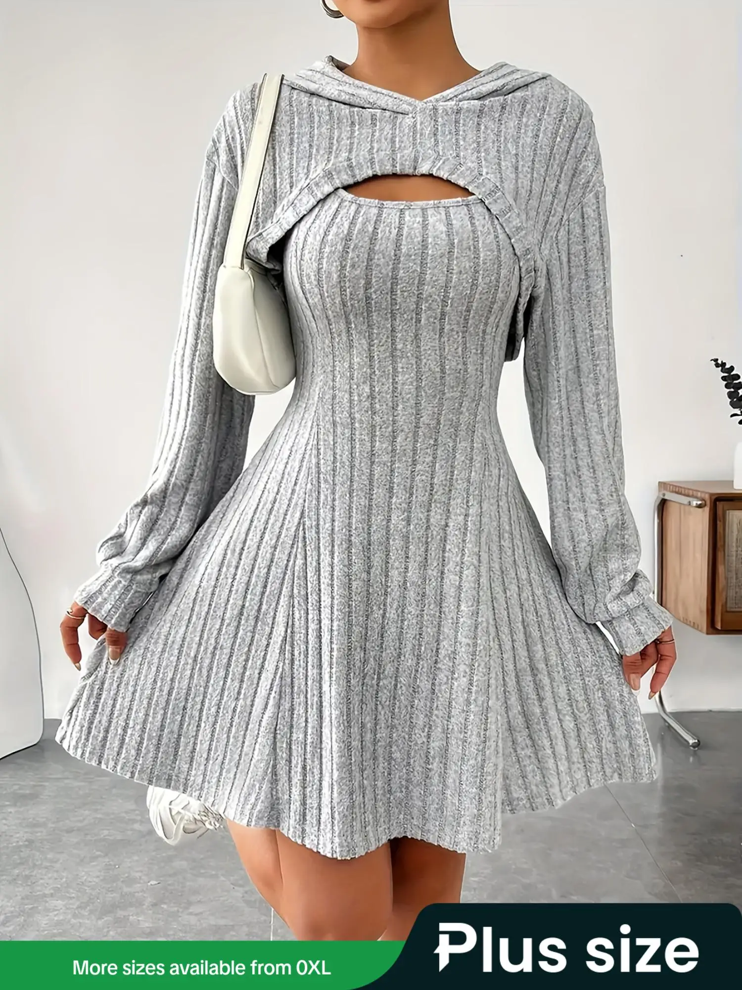 【Plus Size】 Two-piece Set Solid Ribbed Crop Hoodie & Tank Dress Set, Casual Chic Bishop Sleeve Hooded Sweatshirt & Short Dress, Women's Spring & Fall
