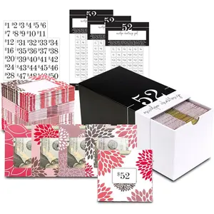 52 Envelope $1,378  Saving Challenge Kit | 56  Card Stock  Stuffing Envelopes w/Clear Plastic Windows, $ Stickers, 3 Goal/Mark-off Sheets, & Drawer Box (Dahlia)