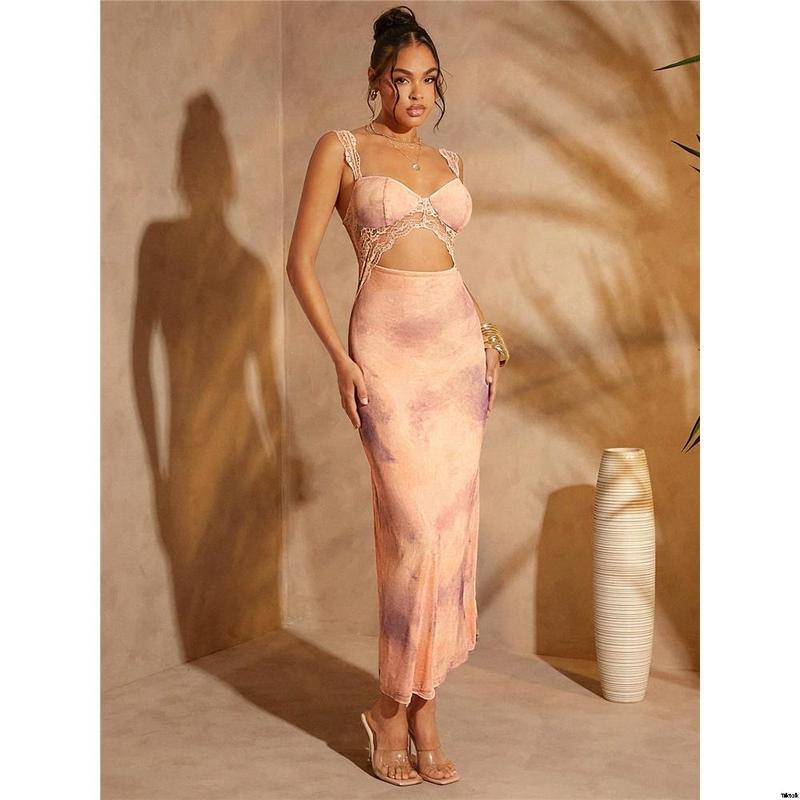 Dress extra long printed abstract edge lace premium SHEIN