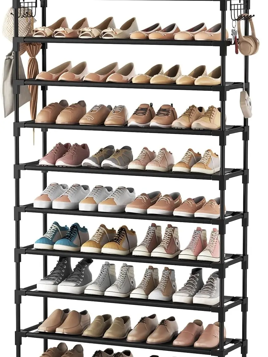 10-Tier Sturdy Metal Shoe Rack, Large-Capacity Wide Shoe Organizer with 2 Hooks for Entryway, Closet