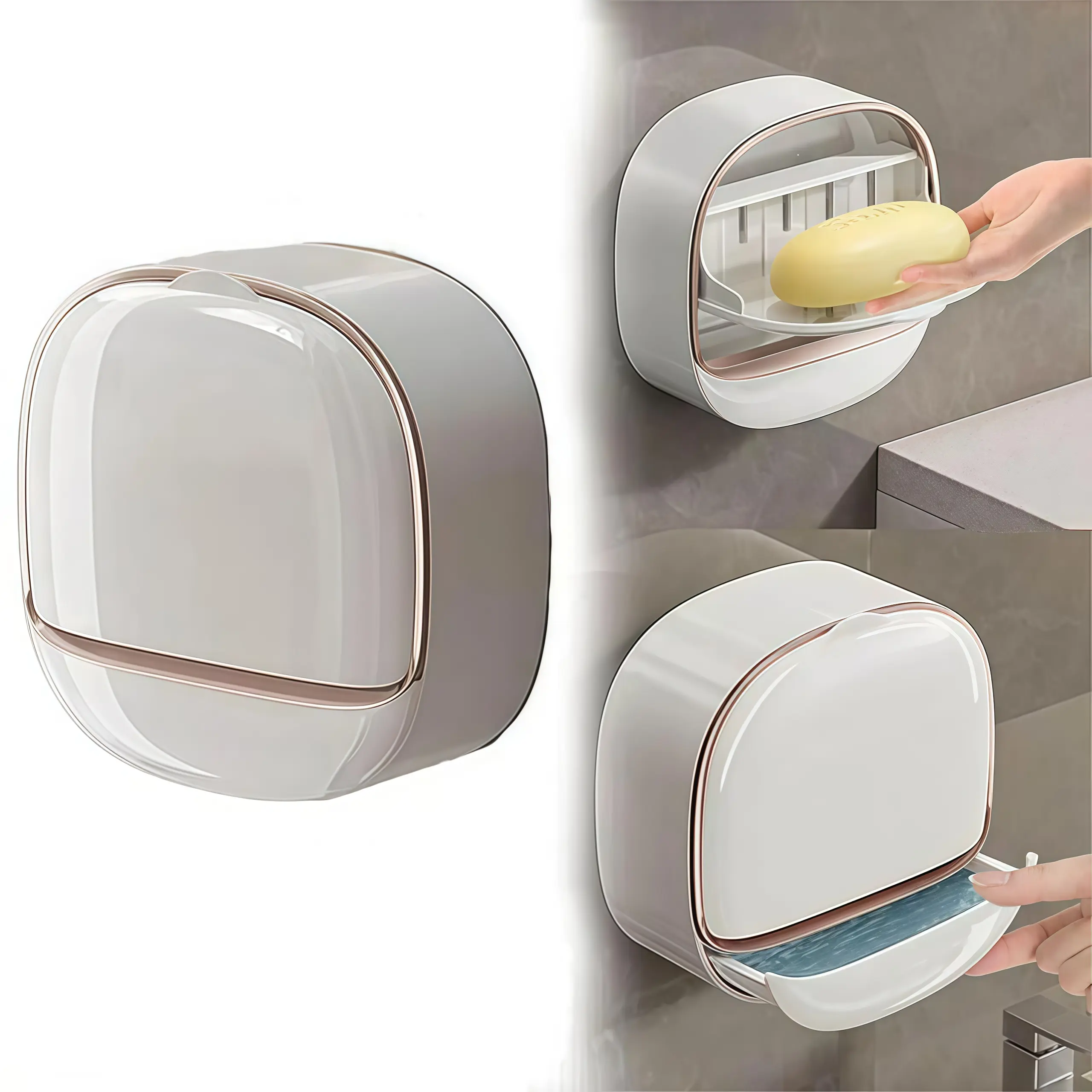 Shower waterproof soap holder, antibacterial wall mounted soap dish with drain and flip cover, keeps soap dry, white