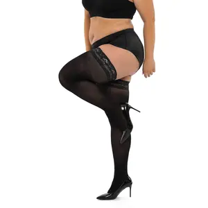 Moon Wood Plus Size Thigh High Stockings Womens 55D Semi Sheer Silicone Lace Top Stay Up Lingerie Thigh Highs Pantyhose
