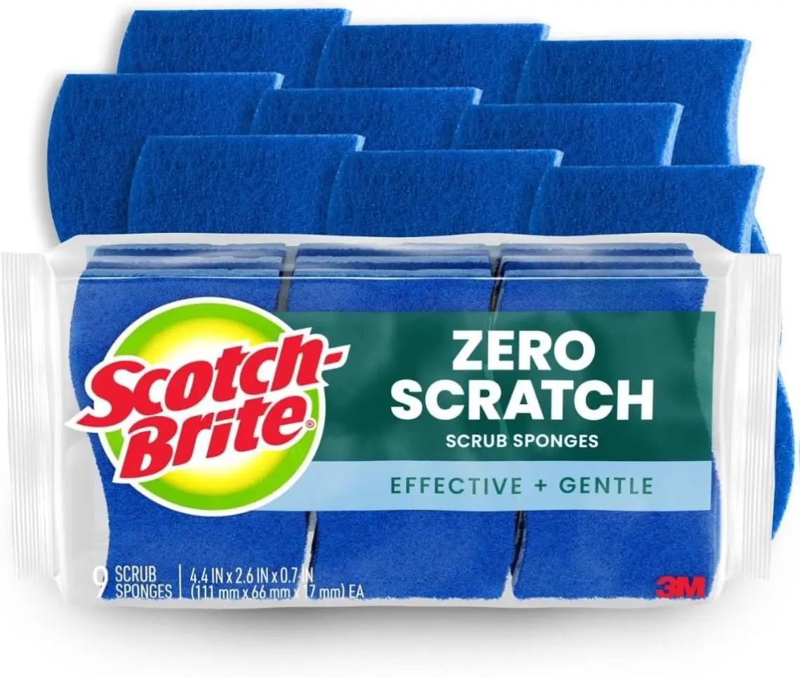 Scotch-Brite Zero Scratch Scrub Sponge, 9 Kitchen Sponges for Cleaning Around the Home, Bathroom & More, Effective + Gentle Dish Scrubber, Best for Nonstick Pots and Pans, Safe on Most Surfaces Pack Plastic Stainless Cleaner
