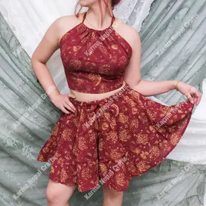 Cotton Flowy Summer Mini Skirt with Pockets, Boho Mushroom Celestial Tiered Skirt with Halter Top, Hippie Style, Festival Fashion, Whimsical Outfit, Skort Style