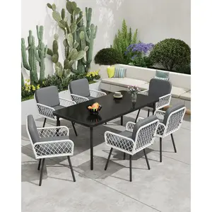 6-Seater 7-Piece Outdoor Dining Furniture, 59" Tempered Glass Metal Frame Patio Table with Rattan Wicker Chairs, All-Weather Set for Backyard, Garden and Poolside