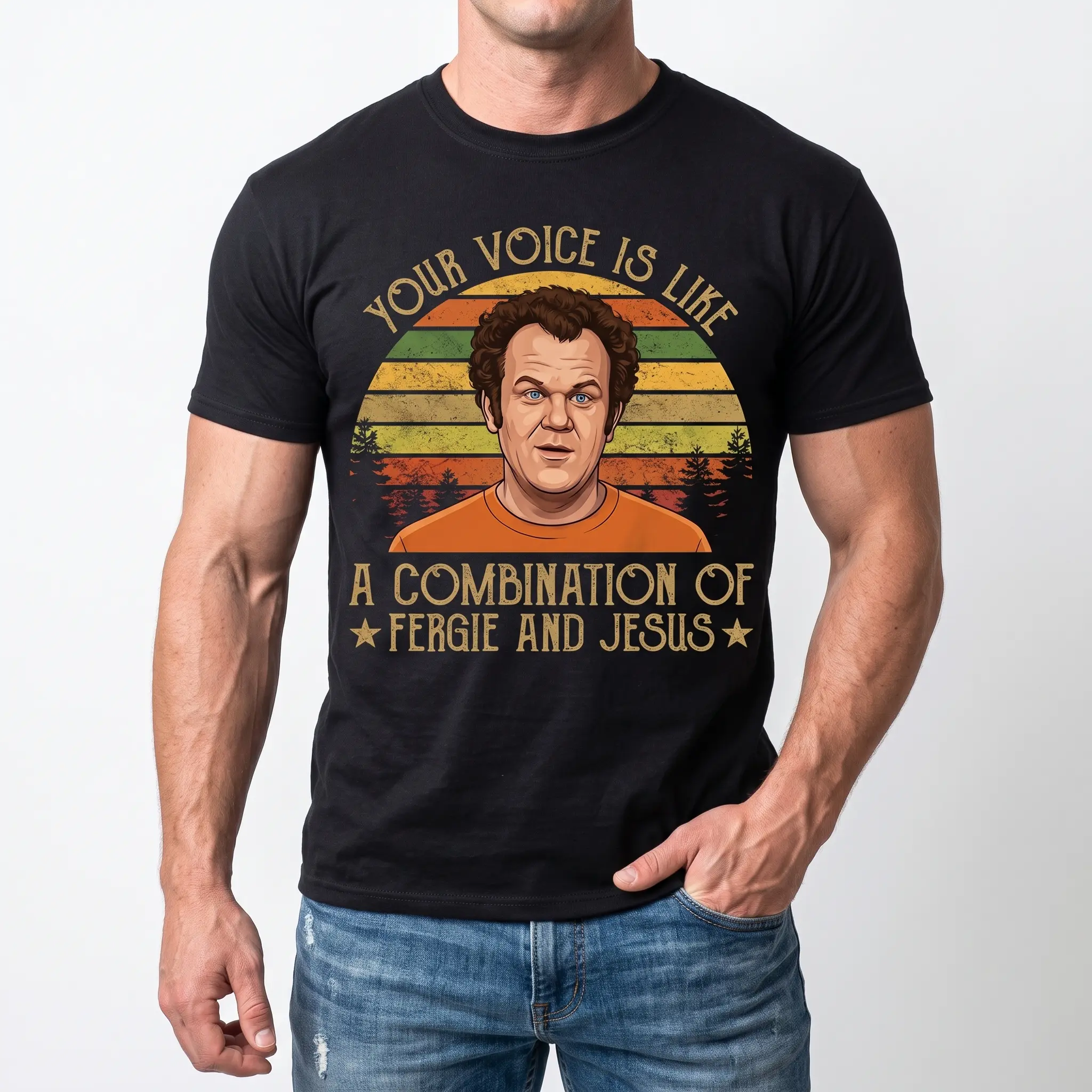 Your Voice Is Like A Combination Of Fergie And Jesus Soft Cotton T-Shirt, Vintage Brennan Huff Retro Sunset Design, Funny Step Brothers Movie Fan Gift Tee