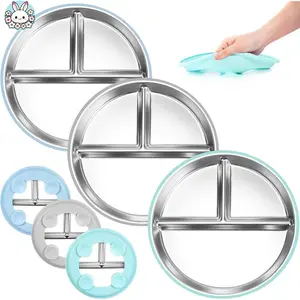ABC-Stainless Steel Toddler Plates Silicone Suction,3 Packs Non-Slip Baby Plates,Divided Portion,Food-Grade Silicone Plate for Kids,LEAD-FREE Dishwasher Safe,Blue Mint Green Grey Fruit and Veggie Baby Food Pouches