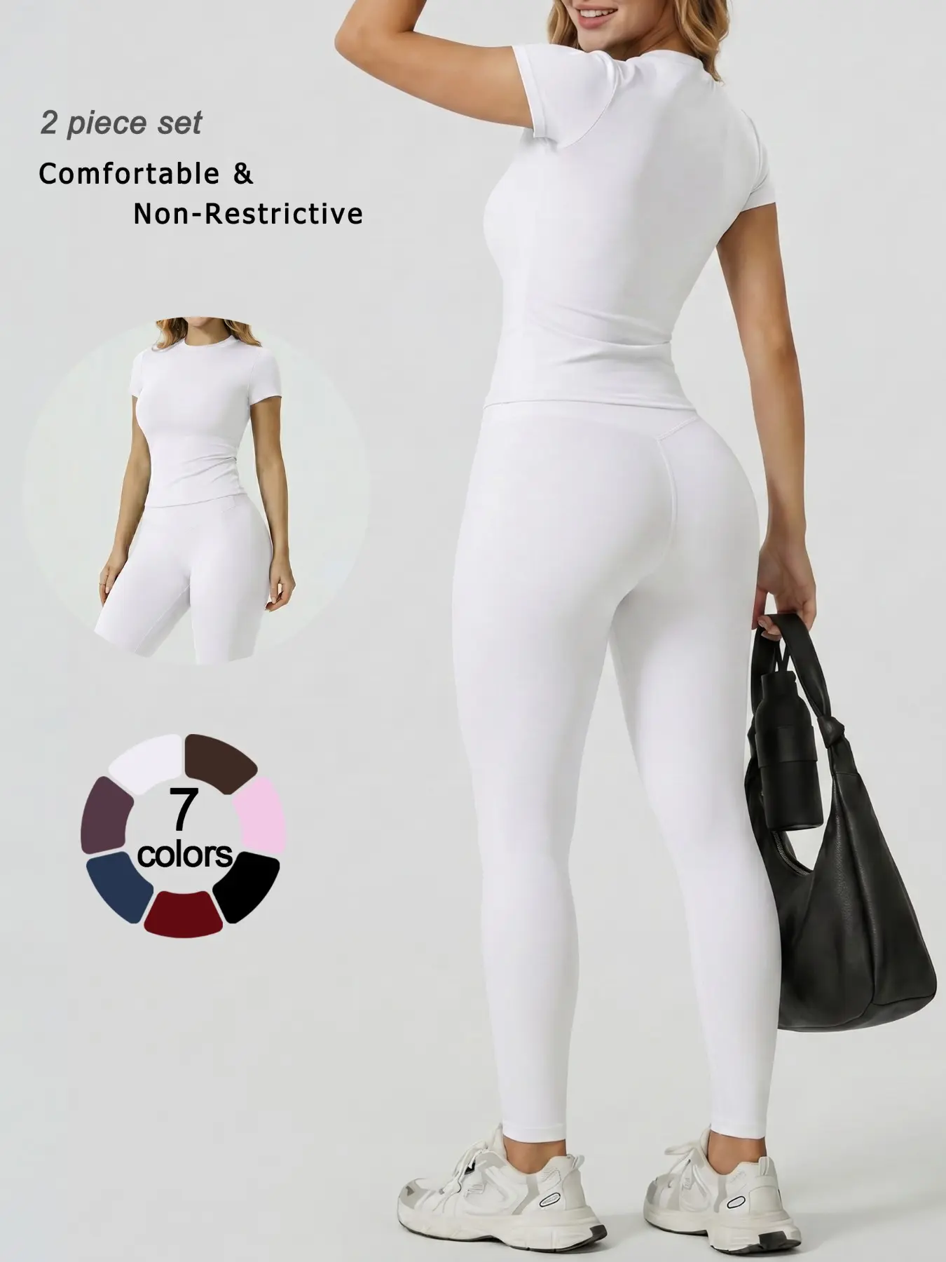 Women's Two Piece Solid Color Short Sleeve Long Pants Athletic Sportswear Set, Sculpting Workout Outfit, Elastic, Crew Neck Nylon Fabric High Stretch Tummy Control Hip Lifting Pilates Outdoor Running Gym Training Sports Pants, High Stretch Activewear