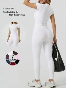 Women's Two Piece Solid Color Comfortable Versatile Short Sleeve Long Pants Sportswear Set Crew Neck Nylon Fabric High Stretch Tummy Control Hip Lifting Pilates Yoga Wear Outdoor Running Gym Training Soft Skinny Breathable Sports Pants