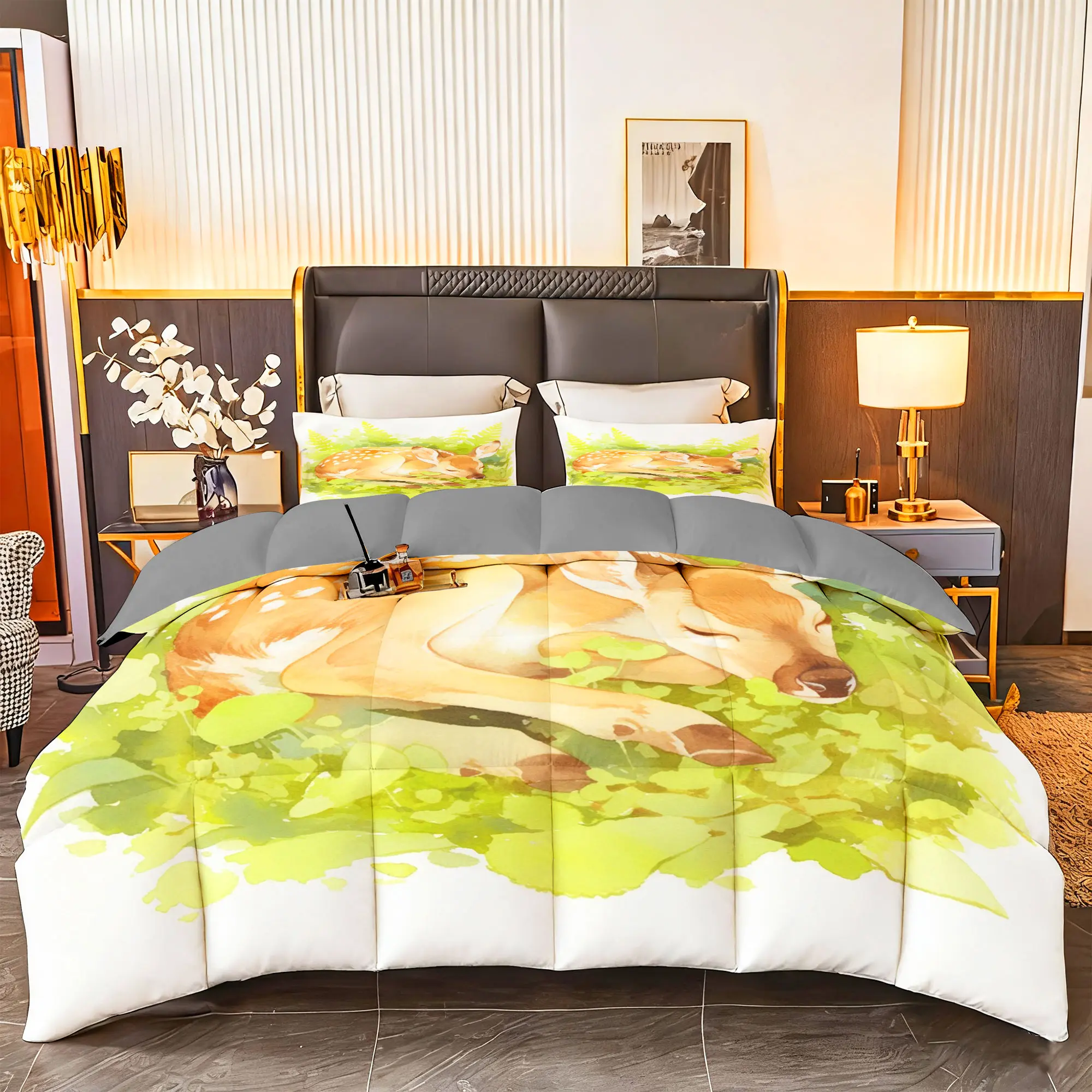 3pcs (1 comforter + 2 pillowcases) Microfiber Bedding Set All-Season Ultra-Soft Cozy Hypoallergenic, Wrinkle & Fade Resistant Machine Washable, Queen/King/Full/Twin Size, Watercolor Fawn & Greenery Pattern, Premium Durable Fabric for Bedroom Guest Ro