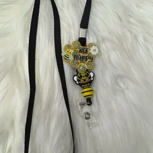 Bee Happy Badge Reel Lanyard for Office Supplies - Versatile Pencil Organizer for Students & Office Workers