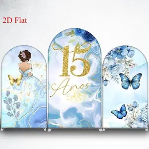 15-day 2D Flat Delivery Light Blue Floral and Butterflies Arch Backdrop Cover for Wedding Photo Booth